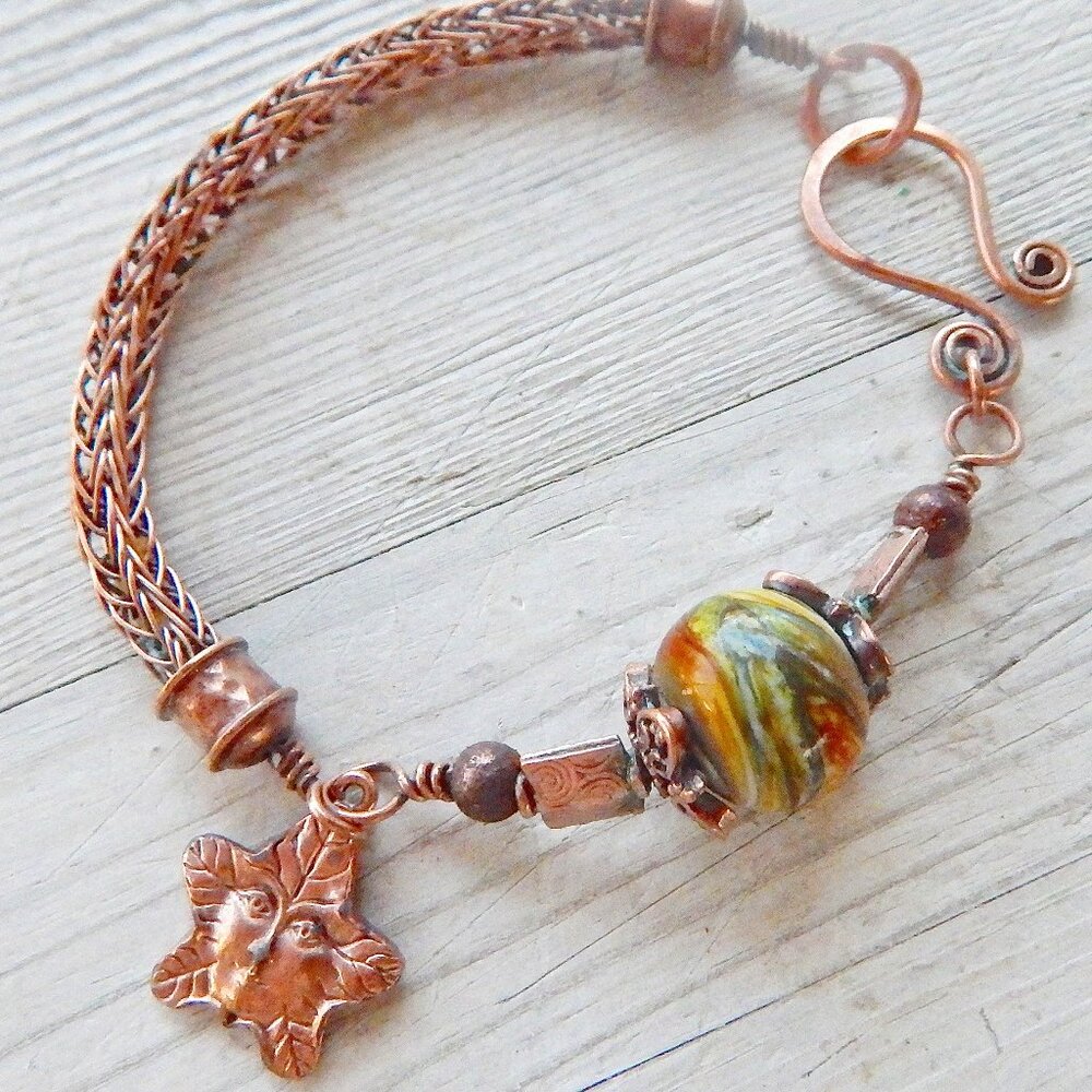 VIKING WEAVE BRACELET - Copper with Lampwork Bead - Maple Leaf Charm - Handmade